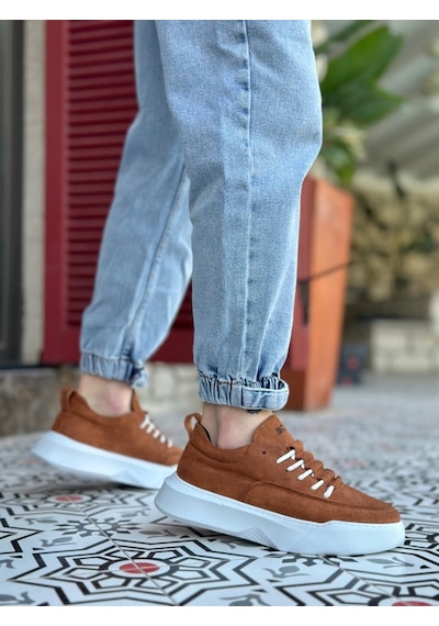 Ba0332 Merdiven Desen Bağcıklı Erkek Yüksek Taban Taba Süet Beyaz Taban Spor Ayakkabı 001