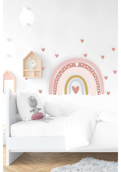 MSticker Pastel Tonlarda Gökkuşağı Ve Kalpler Çocuk Odası Duvar Sticker