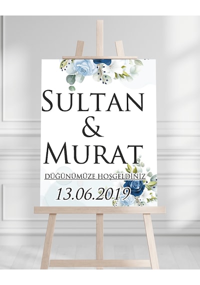 Söz Nişan Düğün İçin 50x70 Karşılama Panosu - Mavi Beyaz Çiçek Tasarımlı