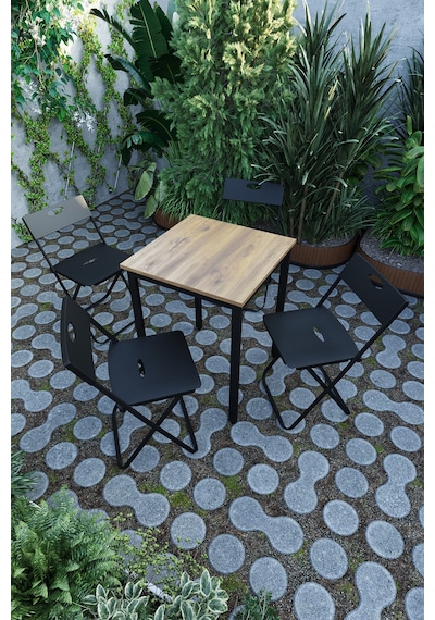 Balkon Bahçe Mutfak 5'li Bistro Set Masa Sandalye Takımı Çam - Siyah