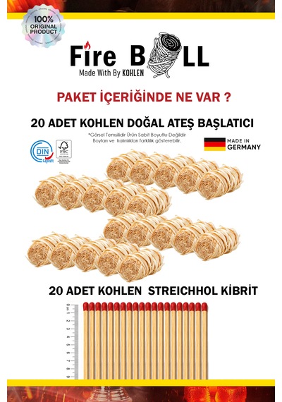 Kohlen Fireball Kibritli Doğal Ateş Başlatma Seti Mangal, Şömine Ve Soba Tutuşturucu
