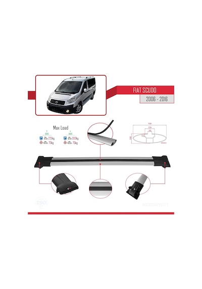 Fiat Scudo 2006-2016 Arası İle Uyumlu Fly Model Ara Atkı Tavan Barı Gri 3 Adet Bar