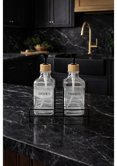 Makri Home Modern Cam Ikili Sıvı Sabunluk & Deterjanlık Seti-500 Ml Cam Sabunluk, Metal Stand'lı Beyaz