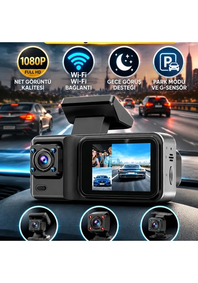 3 Kameralı 1080p Araç Kamerası Wi-fi, Gece Görüş, Park Modu Ve G-sensör