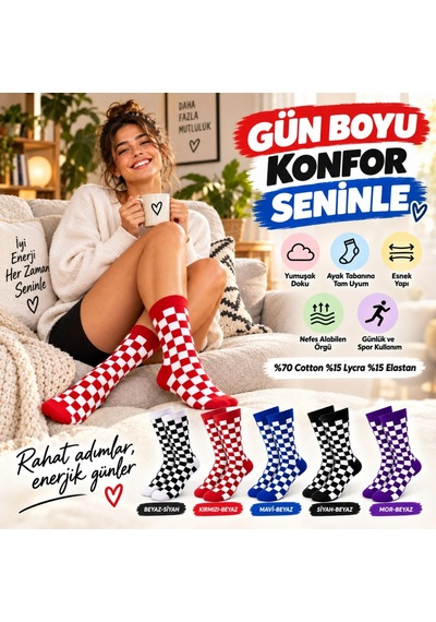 Storeşahin Unisex Çorap Dama Desenli Renkli 10'lu Set Kareli Uzun Soket Günlük Spor Eğlenceli Rahat Çorap Seti Shn0720 Çok  Renkli
