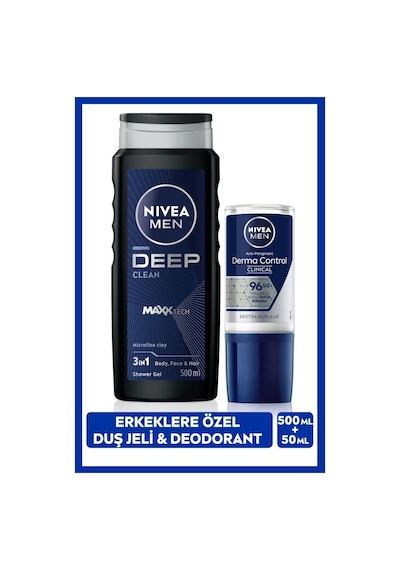 Nivea MEN Erkek Deep Dimension Duş Jeli 500 ML ve Roll-on Deodorant Derma Control Clinical 50 ML,Ter Koruma