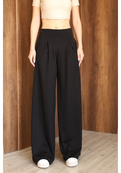 Ozy Fashion Kadın Modal Kumaş Yüksek Bel Pileli Geniş Paça Cepli Eşofman Altı Siyah