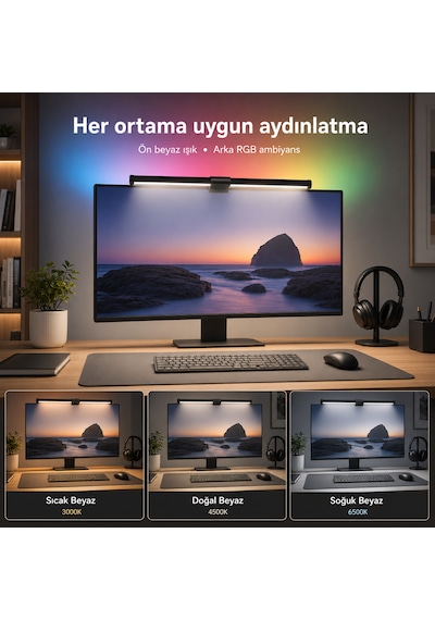Dokunmatik Rgb Çift Yönlü Monitör Üstü Led Aydınlatma Monitör Işık Çubuğu 40cm