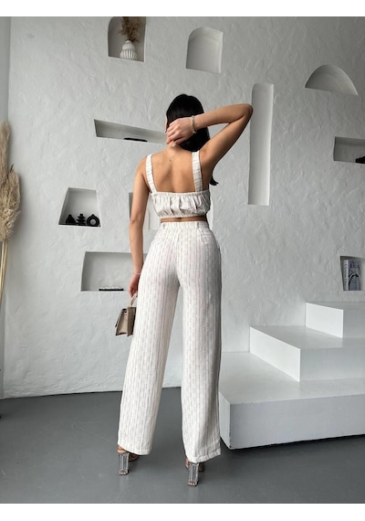 Eke Tekstil Camel Çizgili Crop Pantolon Keten Takım-camel Camel
