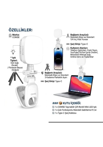 Selfie Işığı Şarjlı Çok Fonksiyonlu Mini Led Işık 3 Modlu Renk Ayarlı Telefon Tripod Uyumlu