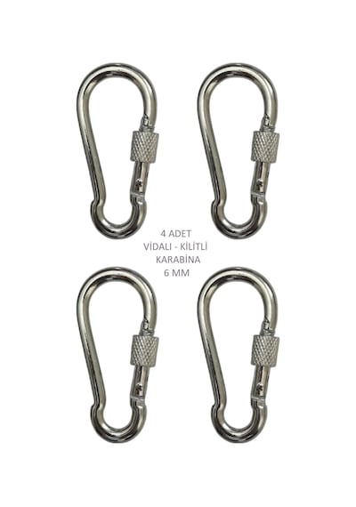 Galvanizli Vidalı Kilitli Karabina, 6 Mm, Askı, Çengel, Kanca, Anahtarlık 4 Adet