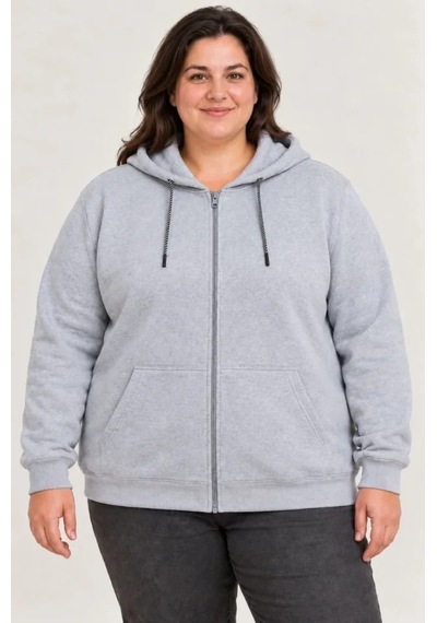 N11 Battal Büyük Beden Üç İplik İçi Şardonlu Kapüşonlu Tam Fermuarlı Kışlık Sweatshirt - Gri