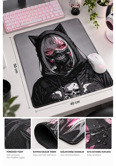 50x40 Cm Cat Woman Desenli Gaming Oyuncu Mouse Pad Kaymaz Taban Büyük Fare Altlığı
