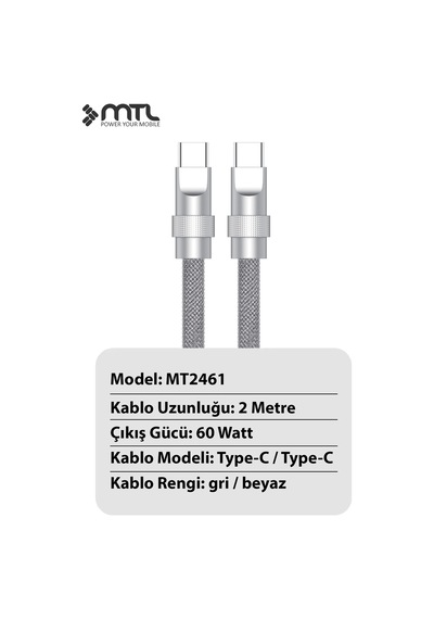 60w Type-c To Type-c Pd Turbo Şarj Spiral Sarmal Naylon Örgü Data Ve Şarj Kablosu 2 Metre Mt2461