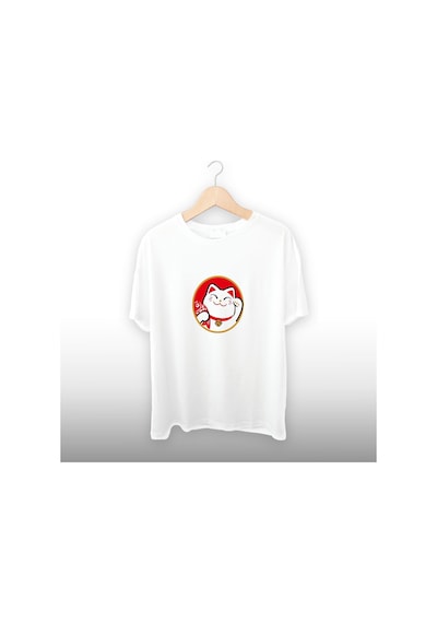Balıklı Kedi Detaylı Unisex Tişört Beyaz