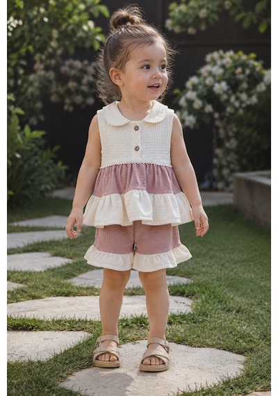 Babyhola Katlı %100 Pamuk Kız Çocuk Yazlık Şortlu Takım 2403 Somon