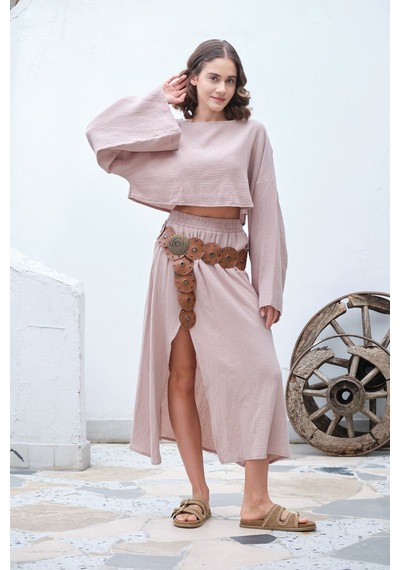 Unika Boutique Ham Keten Bohem Bluz Etek Takım Pembe