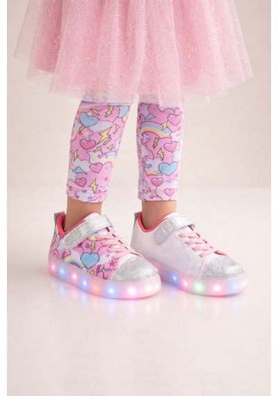 Mini Bonito Kız Çocuk Desenli Işıklı Led Tabanlı Simli Cırt Cırtlı Sneaker Gümüş