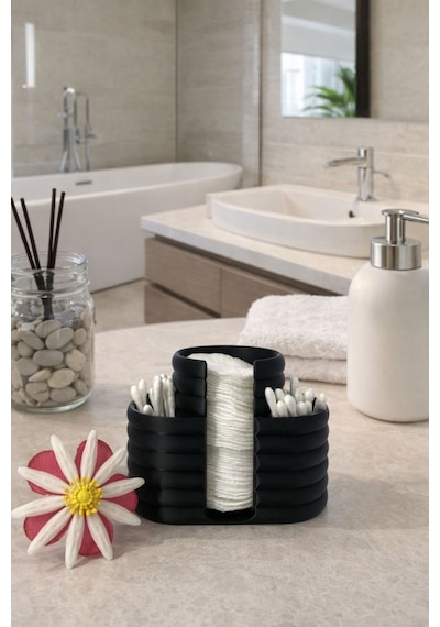 Pamuk & Kulak Çubuğu Organizeri Çok Amaçlı Fonksiyonel Banyo Dekorasyonu Banyo Organizeri Siyah