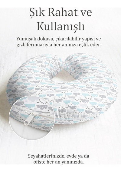 Bulut Desenli Pamuklu Boyun Yastığı - Pastel Mavi Gri Çocuk & Yetişkin Seyahat Yastığı Soft Adaçayı Bronz