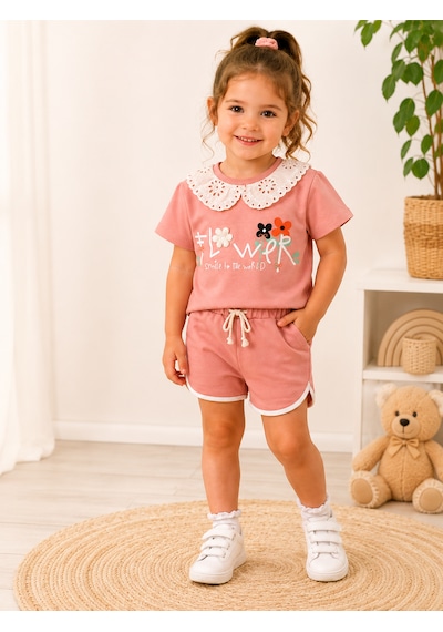Tucankids Kız Çocuk Pembe Yakalı Baskılı İkili Takım