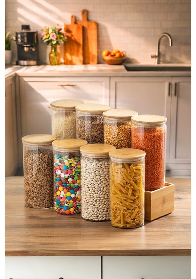 Porsima 3-4 Bambu Borosilikat Vakumlu Kapaklı Yuvarlak Cam 8li Kavanoz Seti Saklama Kabı 1650ml 10x25cm