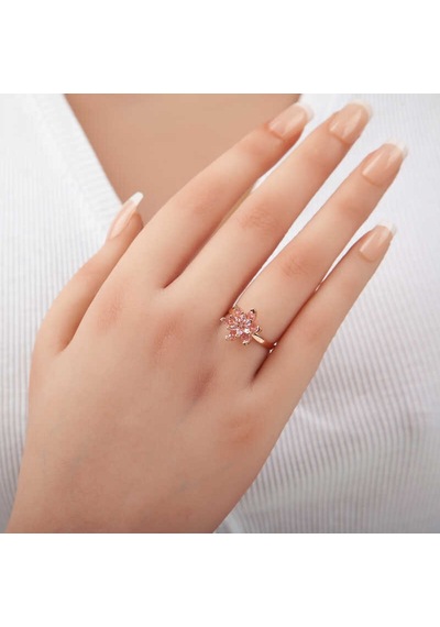 Gümüş Rose Pembe Taşlı Lotus Çiçeği Kadın Yüzük T7433 Gümüş