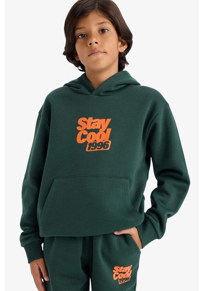 Defacto Kapüşonlu Baskılı İçi Yumuşak Tüylü Sweatshirt Erkek Çocuk E9596A825AU Yeşil
