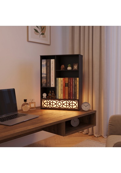 Işıklı Metal Masa Düzenleyici Masaüstü Kitaplık Minimalist Kitap Tutucu Siyah