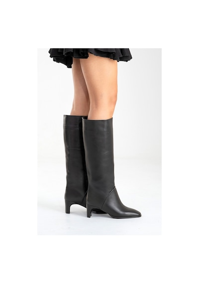 Luvishoes Taly Siyah Cilt Hakiki Deri Kadın Blok Topuklu Çizme Siyah