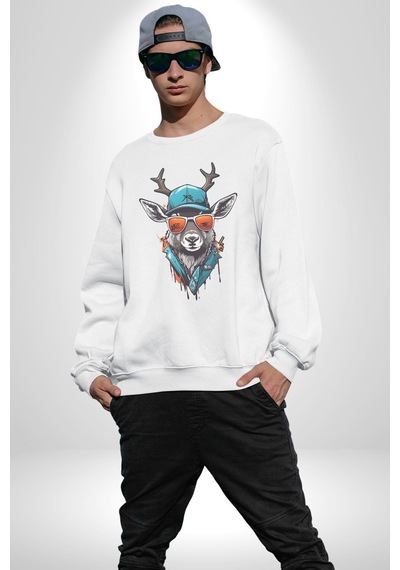 Güneş Gözlüğü Savaşcı Geyik Unisex Beyaz Baskılı Sweatshirt Beyaz