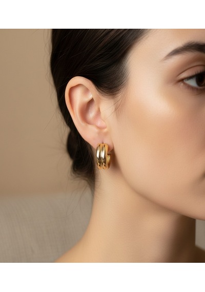 Xuping Modern Tasarım Çift Halka Görünümlü Gold Çelik Küpe