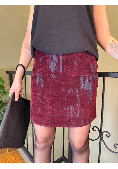 Ali Butik Bordo Flok Baskılı Mini Etek