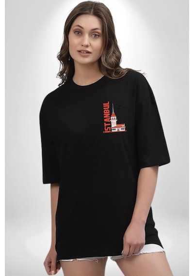 İstanbul Kız Kulesi Türkiye Siyah Oversize Unisex Ön Sol Yan Minimal Baskılı Tişört Koyu Siyah
