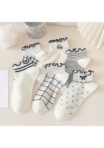 Shopiolog Sevimli Marul Desenli Bilek Çorabı 6'lı Paket Siyah - Beyaz