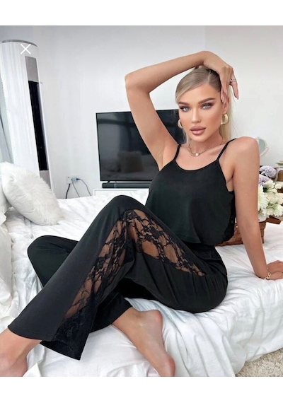 Gazaniga Kadın Askılı Siyah Arkası Dantelli Pijama Takımı Arjin
