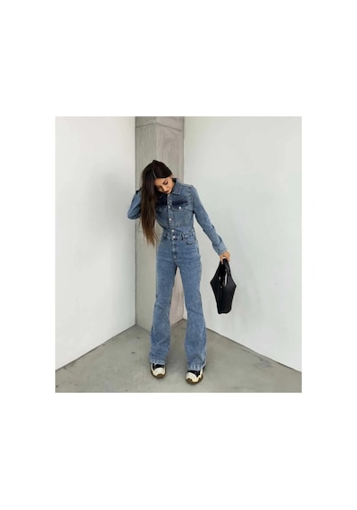 Kene Jeans Uzun Ceketli Taş Yıkama İspanyol Paça/flare Esnek Denim Tulum Taş