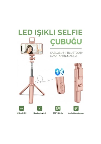Led Işıklı Selfie Çubuğu Bluetooth Kumandalı Kablosuz Tripot Selfie Monopod Selfie Stick Pembe Lisinya