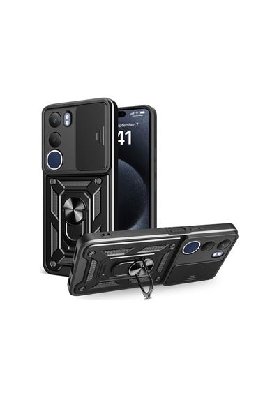 Vivo Y19S Uyumlu Tank Kılıf Yüzüklü Standlı Extra Darbe Koruma Zırhlı Outdoor Kapak - Siyah