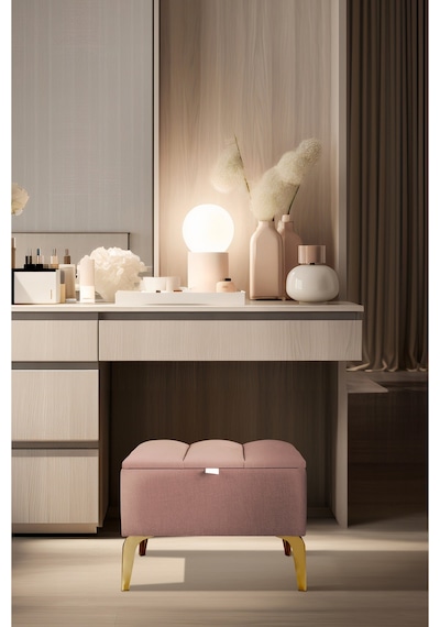 Vetra Mini Royal Pudra Kumaş Sandıklı Dekoratif Puf&bench-dilimli Model-gold Ayak-modern Puf