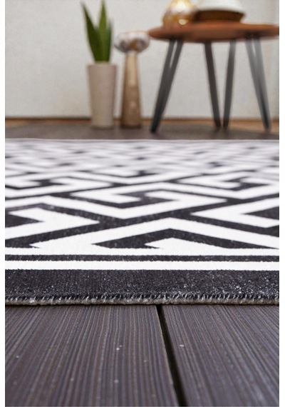 Modern Siyah Beyaz Geometrik Kilim Kaymaz Taban, Yıkanabilir, Salon & Oturma Odası Siyah Siyah