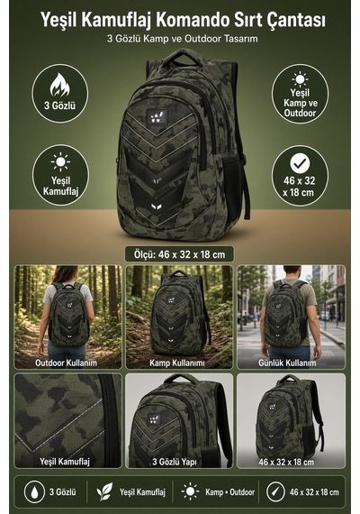 Komando Sırt Çantası Yeşil Kamuflaj 3 Gözlü Kamp Ve Outdoor 46x32x18 Cm Çok Renkli