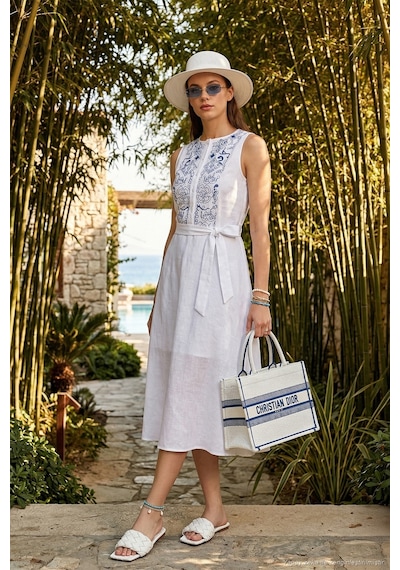 Lela Nakışlı Regular Fit Kolsuz Midi Bayan Elbise 611El00959 Ekru-Indigo