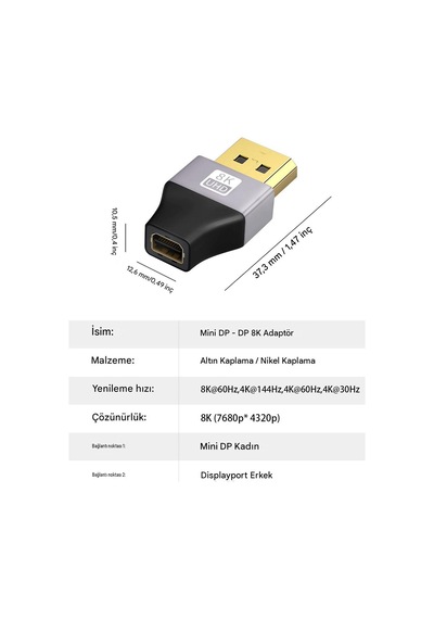 Display Port To Mini Displayport 1.4 8k Çevirici Çift Yönlü Adaptör