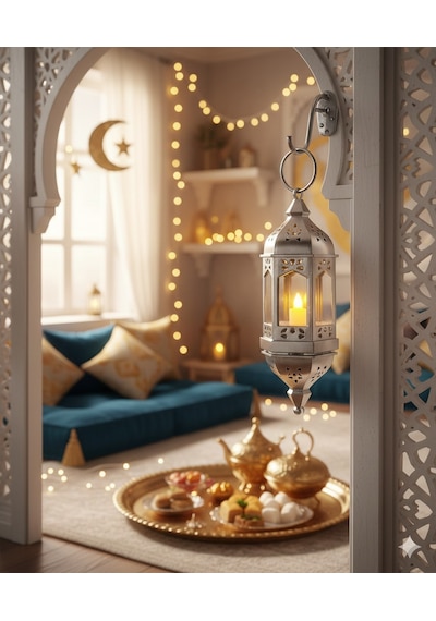 20 Cm Ramazan Ledli Asmalı Parlak Gümüş Fener - Pil Dahil Dekoratif Ramazan Feneri Diğer