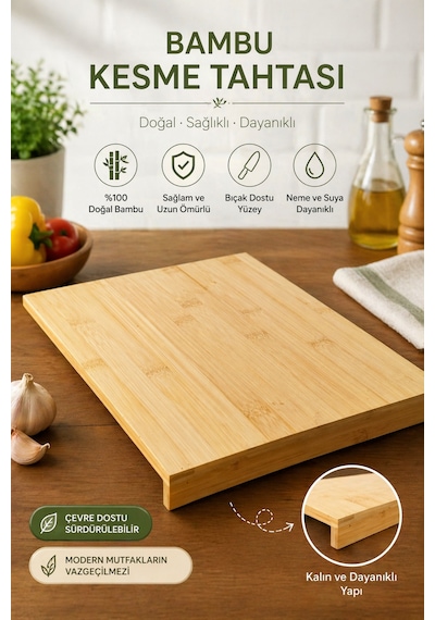 Orta Boy Bambu Kenarlı Kesme Tahtası Tezgah Üstü 35x24 Cm Açık Bej
