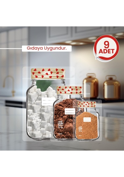 Kalp Desenli Kavanoz Görünümlü Kilitli Doypack Saklama Poşeti 9 Adet 3 Büyük-3 Orta-3 Büyük