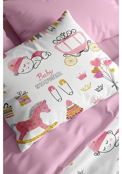 Yenidoğan Bebek %100 Pamuklu Nevresim Takımı Happy Baby Shower Pembe