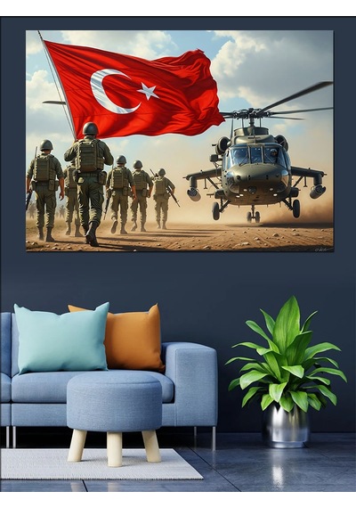 Ahşap Tablo Türk Bayraklı Askerler Ve Helikopter