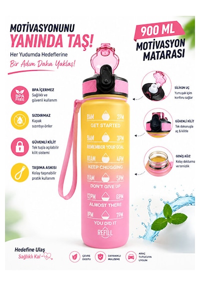 900 Ml Motivasyon Matarası Sızdırmaz, Kilitli, Silikon Uçlu, Taşıma Askılı, Geniş Ağızlı Su Matarası pembe